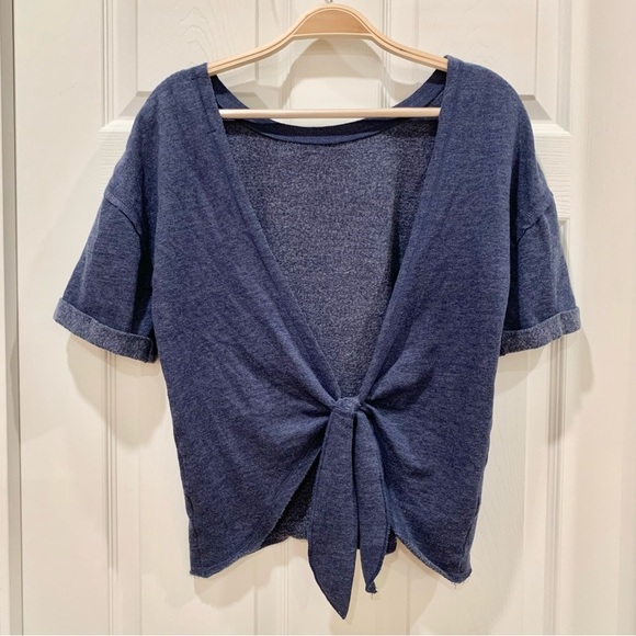 Victoria’s Secret Dark Blue Plunge Deep-V Knot Back Short Sleeve Sweatshirt Top - Picture 1 of 5